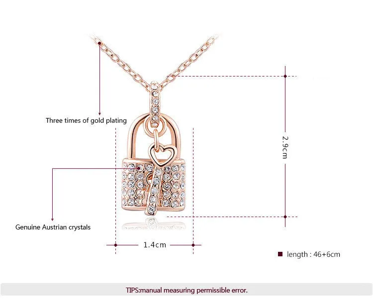 Fashion Austrian Crystal Lock and Key Pendant Necklace Rose Gold Plated Gift Jewelry