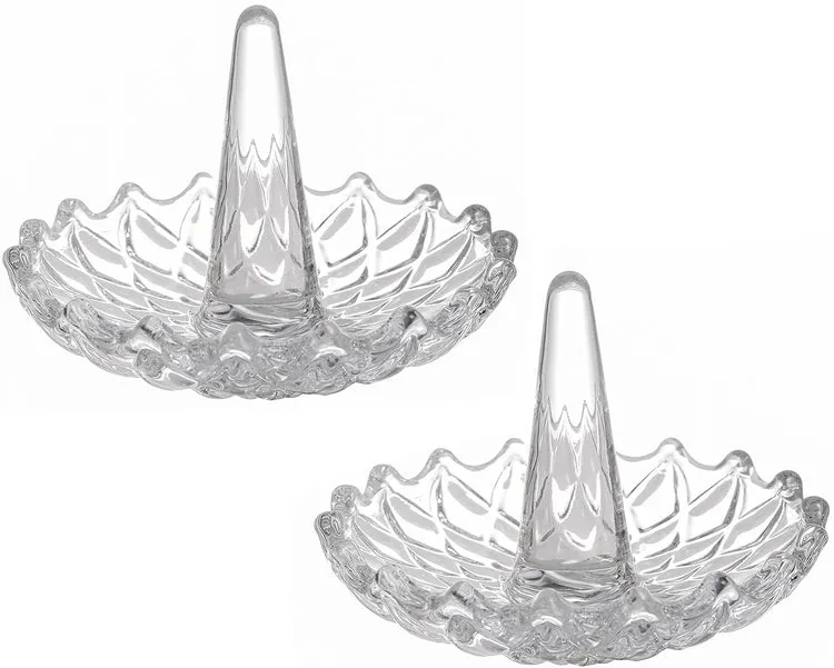 Starburst Style Clear Glass Round Ring Holder Dish, Set of 2