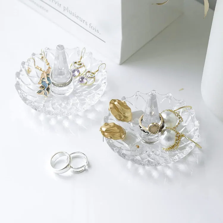 Starburst Style Clear Glass Round Ring Holder Dish, Set of 2